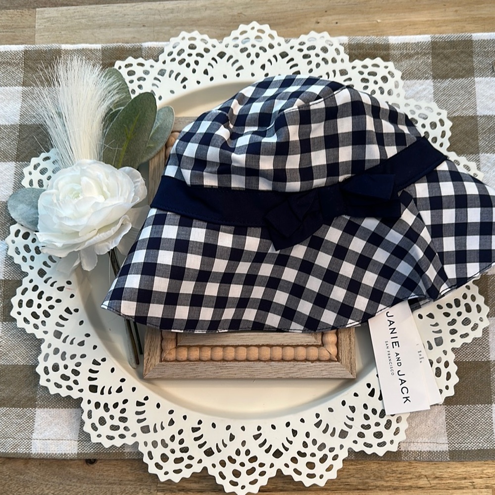 Janie and Jack Blue Gingham Kids Hat W/Strap - Picture 1 of 1